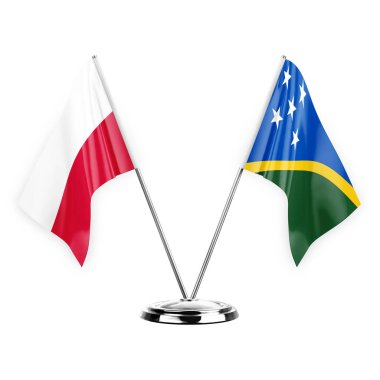 Two table flags isolated on white background 3d illustration, poland and solomon islands