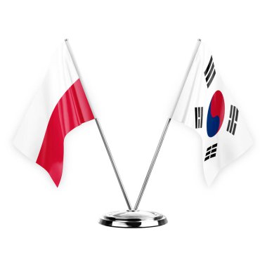 Two table flags isolated on white background 3d illustration, poland and south korea