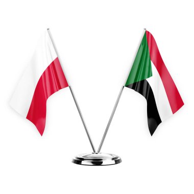 Two table flags isolated on white background 3d illustration, poland and sudan