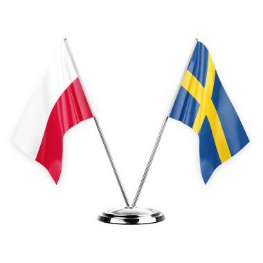 Two table flags isolated on white background 3d illustration, poland and sweden