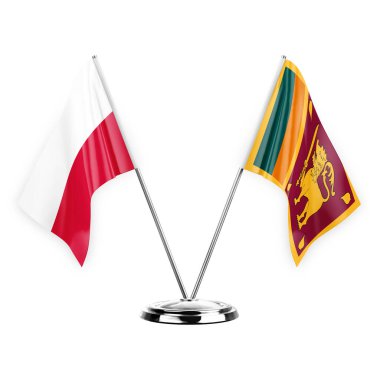 Two table flags isolated on white background 3d illustration, poland and sri lanka