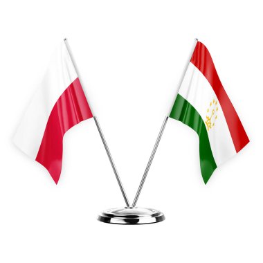 Two table flags isolated on white background 3d illustration, poland and tajikistan