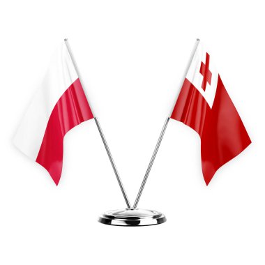 Two table flags isolated on white background 3d illustration, poland and tonga