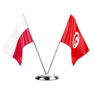 Two table flags isolated on white background 3d illustration, poland and tunisia