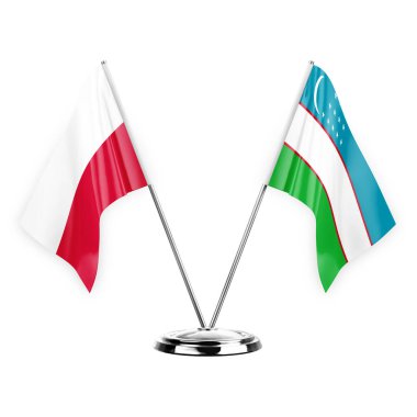 Two table flags isolated on white background 3d illustration, poland and uzbekistan