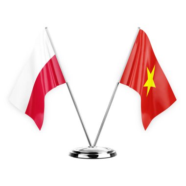 Two table flags isolated on white background 3d illustration, poland and vietnam