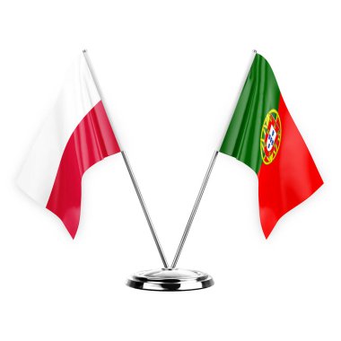 Two table flags isolated on white background 3d illustration, poland and portugal