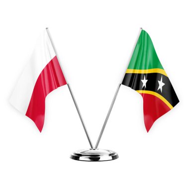 Two table flags isolated on white background 3d illustration, poland and saint kitts and venis