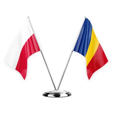 Two table flags isolated on white background 3d illustration, poland and romania