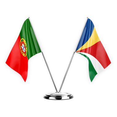 Two table flags isolated on white background 3d illustration, portugal and seychelles
