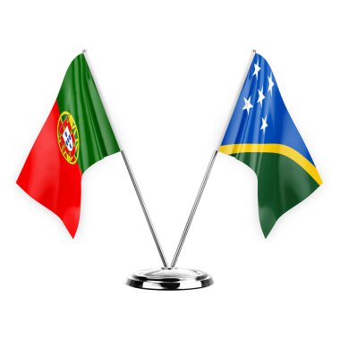 Two table flags isolated on white background 3d illustration, portugal and solomon islands