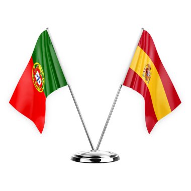 Two table flags isolated on white background 3d illustration, portugal and spain