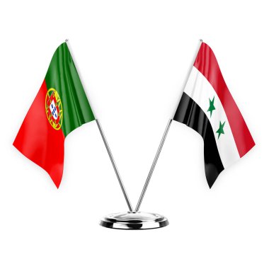 Two table flags isolated on white background 3d illustration, portugal and syria