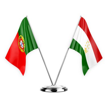 Two table flags isolated on white background 3d illustration, portugal and tajikistan