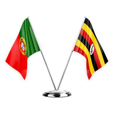 Two table flags isolated on white background 3d illustration, portugal and uganda