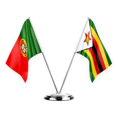 Two table flags isolated on white background 3d illustration, portugal and zimbabwe