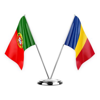 Two table flags isolated on white background 3d illustration, portugal and romania