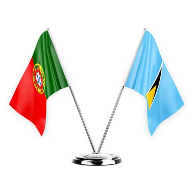 Two table flags isolated on white background 3d illustration, portugal and saint lucia
