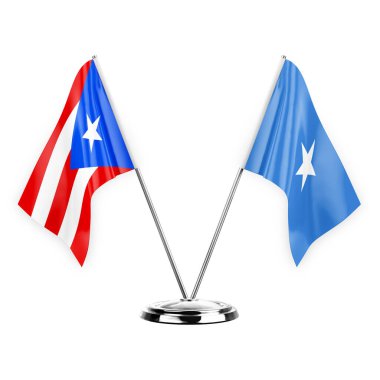 Two table flags isolated on white background 3d illustration, puerto rico and somalia