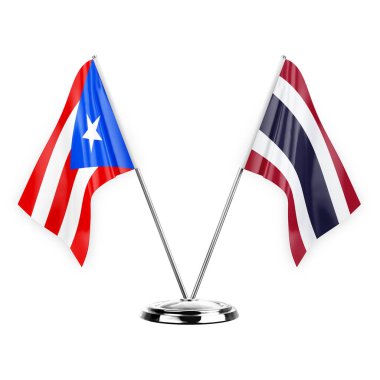 Two table flags isolated on white background 3d illustration, puerto rico and thailand