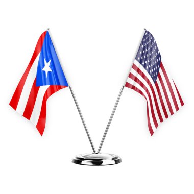 Two table flags isolated on white background 3d illustration, puerto rico and usa