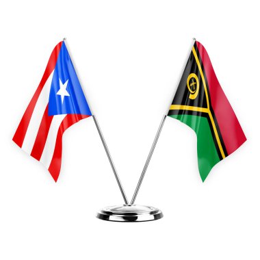 Two table flags isolated on white background 3d illustration, puerto rico and vanuatu