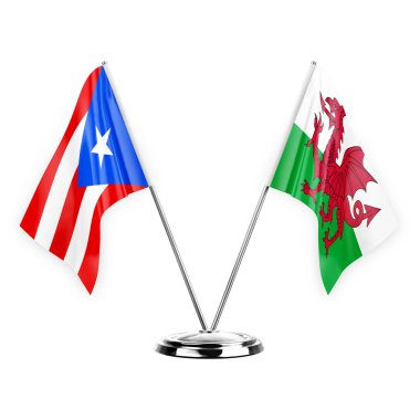 Two table flags isolated on white background 3d illustration, puerto rico and wales