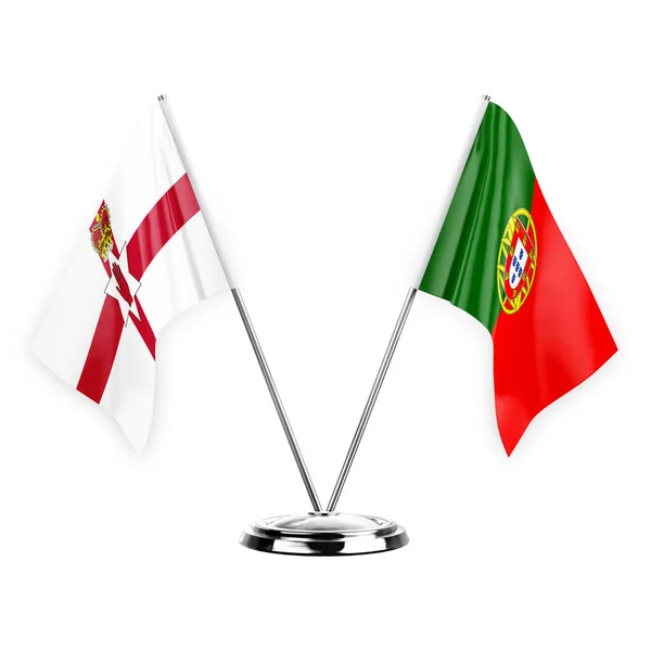 Two Table Flags Isolated White Background Illustration Northern Ireland Portugal — Stok fotoğraf