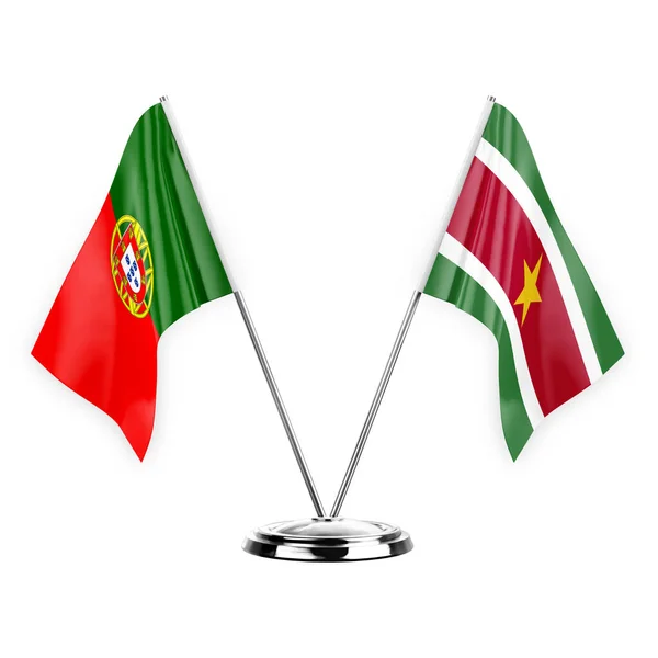 Two Table Flags Isolated White Background Illustration Portugal Suriname — Stok fotoğraf