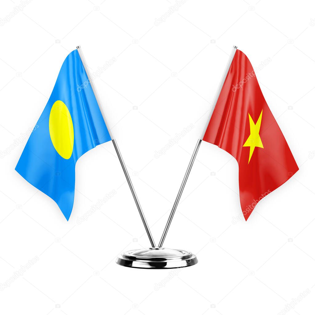 Two table flags isolated on white background 3d illustration, palau and vietnam