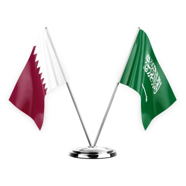 Two table flags isolated on white background 3d illustration, qatar and saudi arabia
