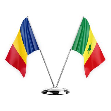 Two table flags isolated on white background 3d illustration, romania and senegal
