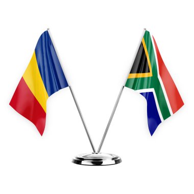 Two table flags isolated on white background 3d illustration, romania and south africa
