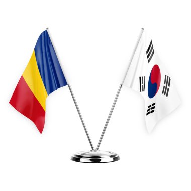 Two table flags isolated on white background 3d illustration, romania and south korea