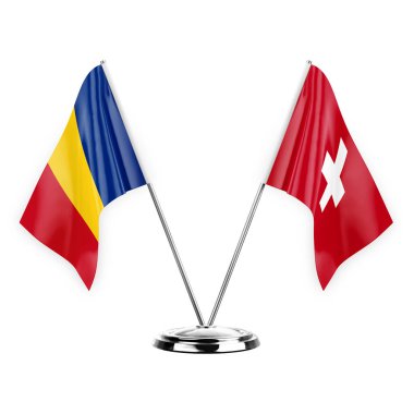 Two table flags isolated on white background 3d illustration, romania and switzerland