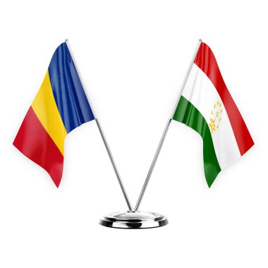 Two table flags isolated on white background 3d illustration, romania and tajikistan