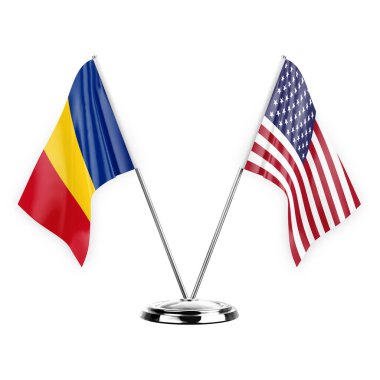 Two table flags isolated on white background 3d illustration, romania and usa