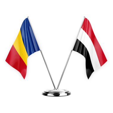 Two table flags isolated on white background 3d illustration, romania and yemen
