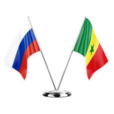 Two table flags isolated on white background 3d illustration, russia and senegal