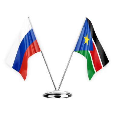 Two table flags isolated on white background 3d illustration, russia and south sudan