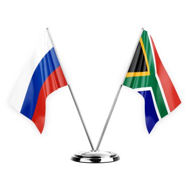 Two table flags isolated on white background 3d illustration, russia and south africa