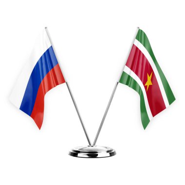 Two table flags isolated on white background 3d illustration, russia and suriname