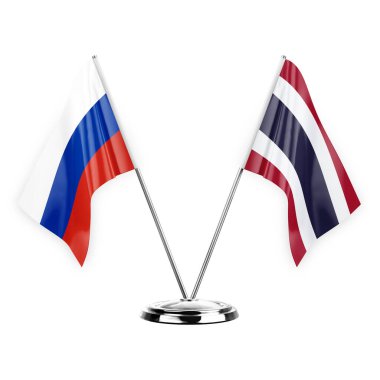 Two table flags isolated on white background 3d illustration, russia and thailand