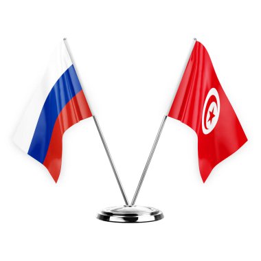 Two table flags isolated on white background 3d illustration, russia and tunisia