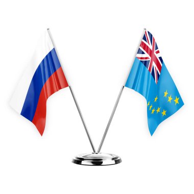 Two table flags isolated on white background 3d illustration, russia and tuvalu