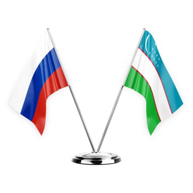 Two table flags isolated on white background 3d illustration, russia and uzbekistan