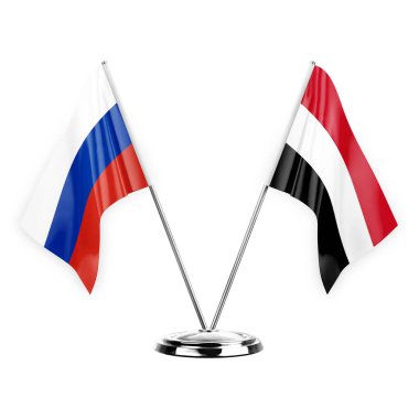 Two table flags isolated on white background 3d illustration, russia and yemen