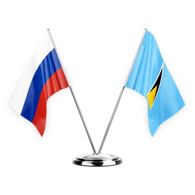 Two table flags isolated on white background 3d illustration, russia and saint lucia