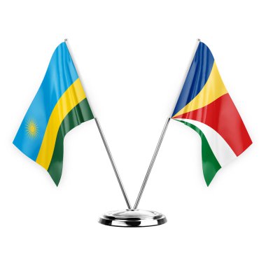 Two table flags isolated on white background 3d illustration, rwanda and seychelles