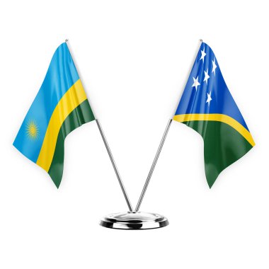 Two table flags isolated on white background 3d illustration, rwanda and solomon islands
